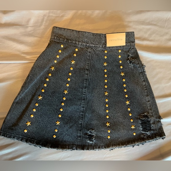 RETROFETE Holly Studded Mini Denim Skirt Black Gold size XS - Picture 2 of 3